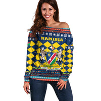 Namibia Christmas Off Shoulder Sweater with Blue-Yellow Diamond Pattern, Coat of Arms, and Flag Map Motif - Wonder Print Shop