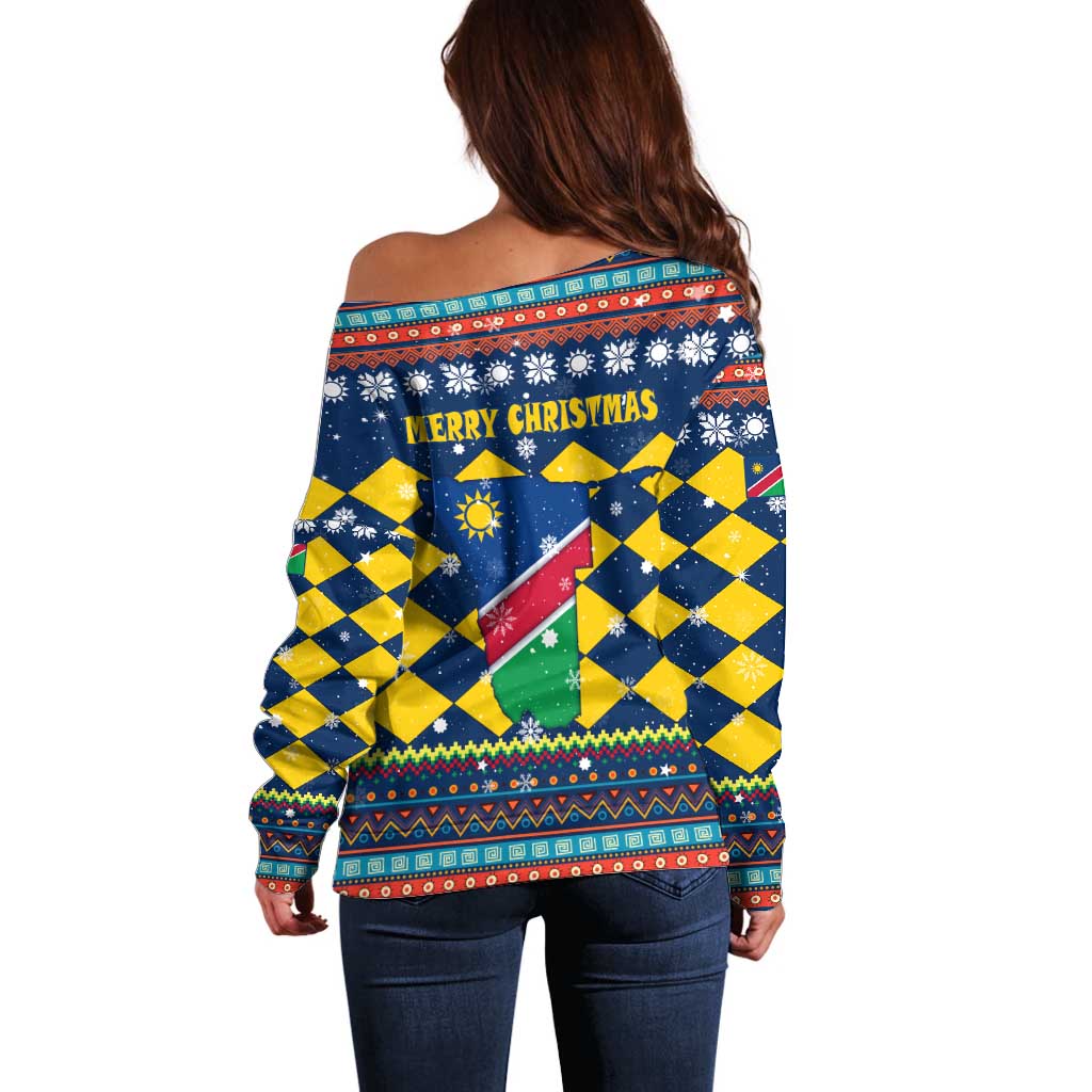 Namibia Christmas Off Shoulder Sweater with Blue-Yellow Diamond Pattern, Coat of Arms, and Flag Map Motif - Wonder Print Shop