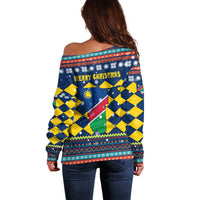 Namibia Christmas Off Shoulder Sweater with Blue-Yellow Diamond Pattern, Coat of Arms, and Flag Map Motif - Wonder Print Shop