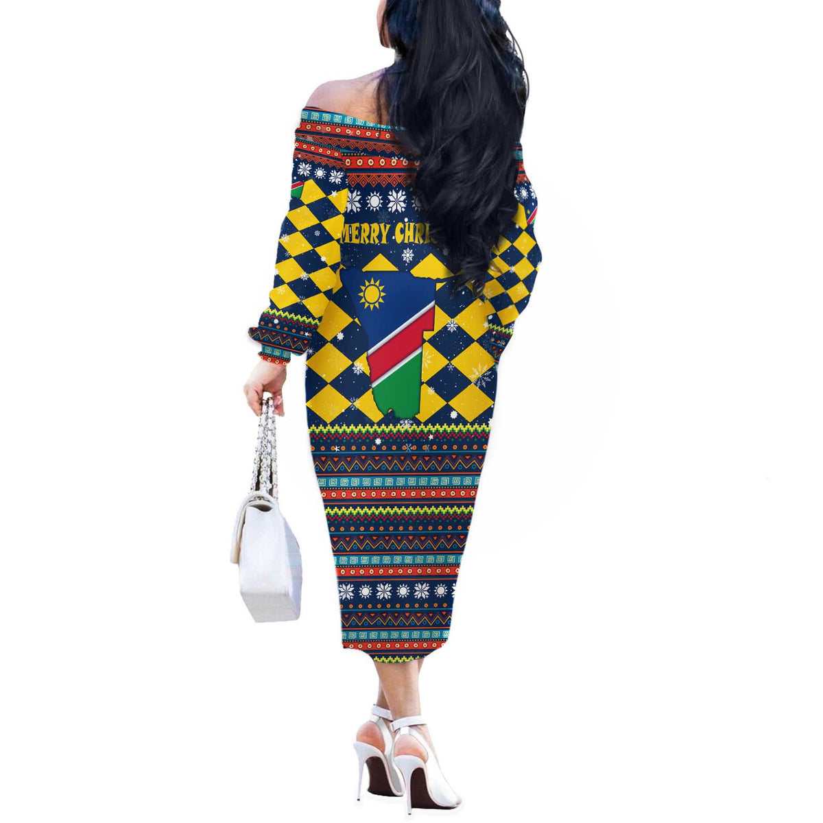 Namibia Christmas Off The Shoulder Long Sleeve Dress with Blue-Yellow Diamond Pattern, Coat of Arms, and Flag Map Motif - Wonder Print Shop