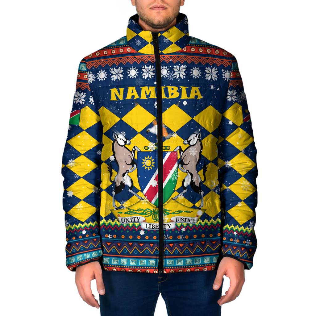 Namibia Christmas Padded Jacket with Blue-Yellow Diamond Pattern, Coat of Arms, and Flag Map Motif - Wonder Print Shop
