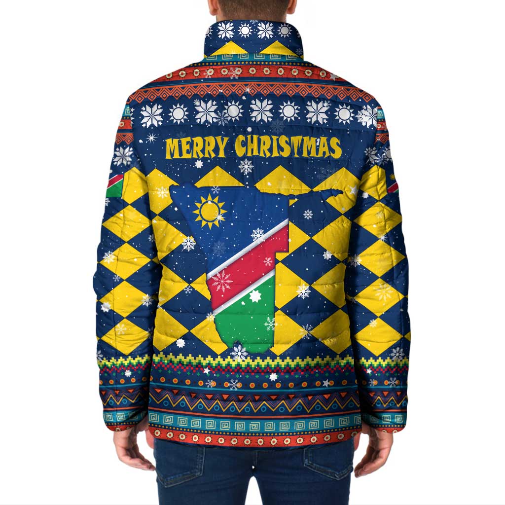 Namibia Christmas Padded Jacket with Blue-Yellow Diamond Pattern, Coat of Arms, and Flag Map Motif - Wonder Print Shop