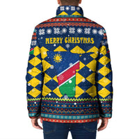 Namibia Christmas Padded Jacket with Blue-Yellow Diamond Pattern, Coat of Arms, and Flag Map Motif - Wonder Print Shop