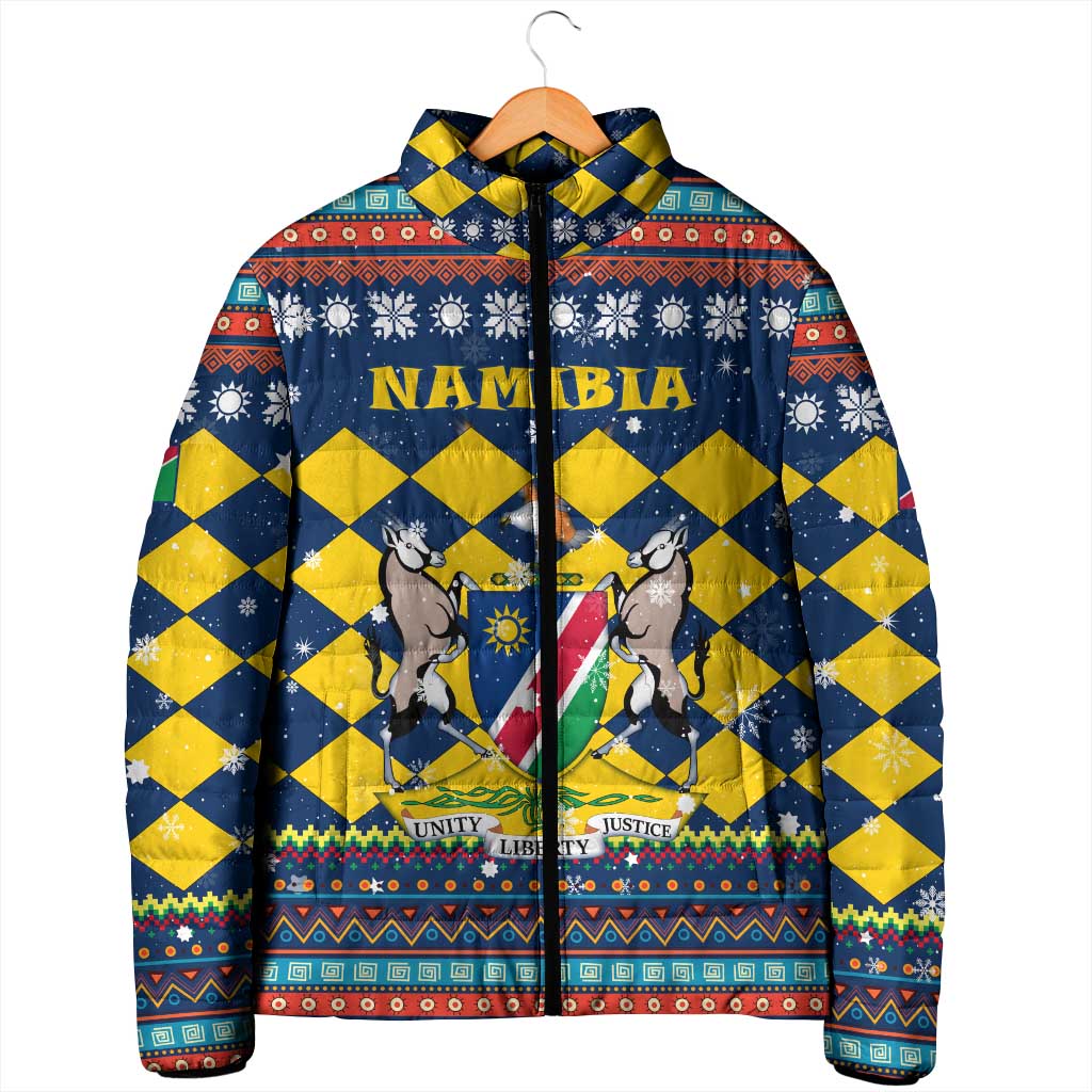 Namibia Christmas Padded Jacket with Blue-Yellow Diamond Pattern, Coat of Arms, and Flag Map Motif - Wonder Print Shop