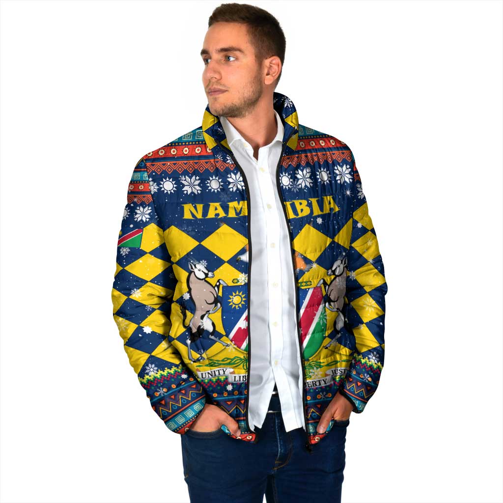 Namibia Christmas Padded Jacket with Blue-Yellow Diamond Pattern, Coat of Arms, and Flag Map Motif - Wonder Print Shop