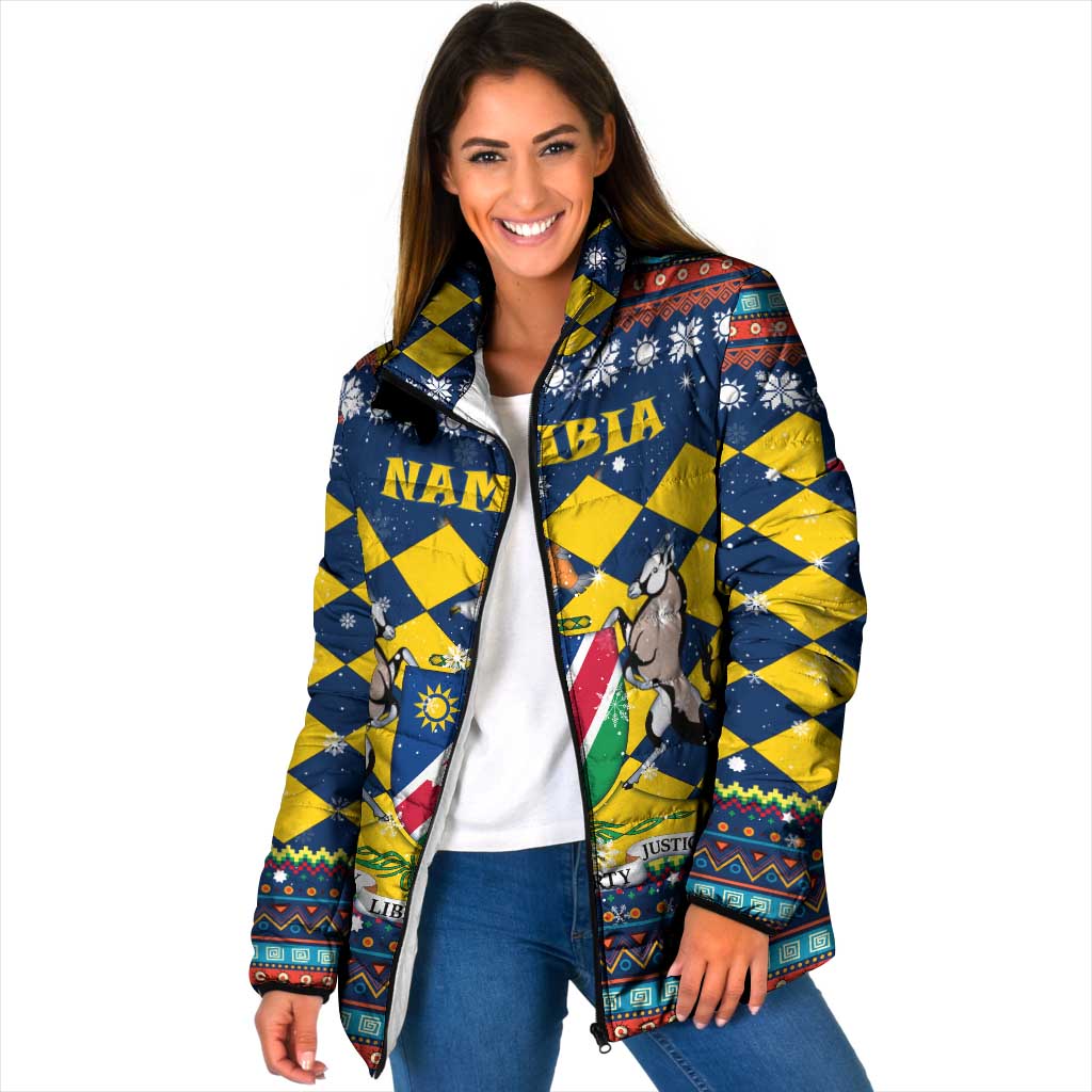 Namibia Christmas Padded Jacket with Blue-Yellow Diamond Pattern, Coat of Arms, and Flag Map Motif - Wonder Print Shop