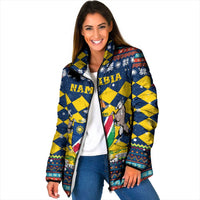 Namibia Christmas Padded Jacket with Blue-Yellow Diamond Pattern, Coat of Arms, and Flag Map Motif - Wonder Print Shop