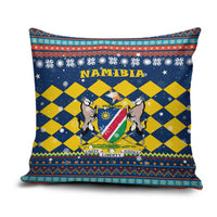 Namibia Christmas Pillow Cover with Blue-Yellow Diamond Pattern, Coat of Arms, and Flag Map Motif - Wonder Print Shop