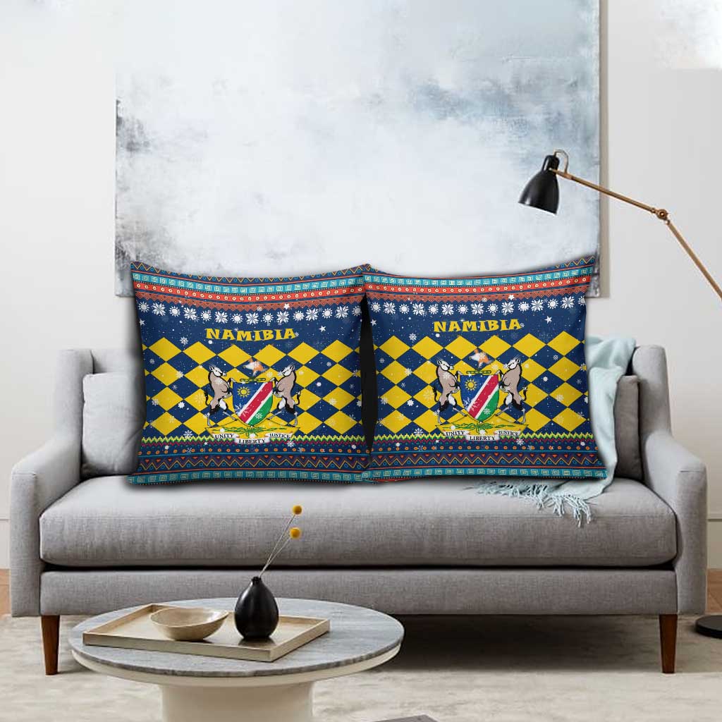 Namibia Christmas Pillow Cover with Blue-Yellow Diamond Pattern, Coat of Arms, and Flag Map Motif - Wonder Print Shop