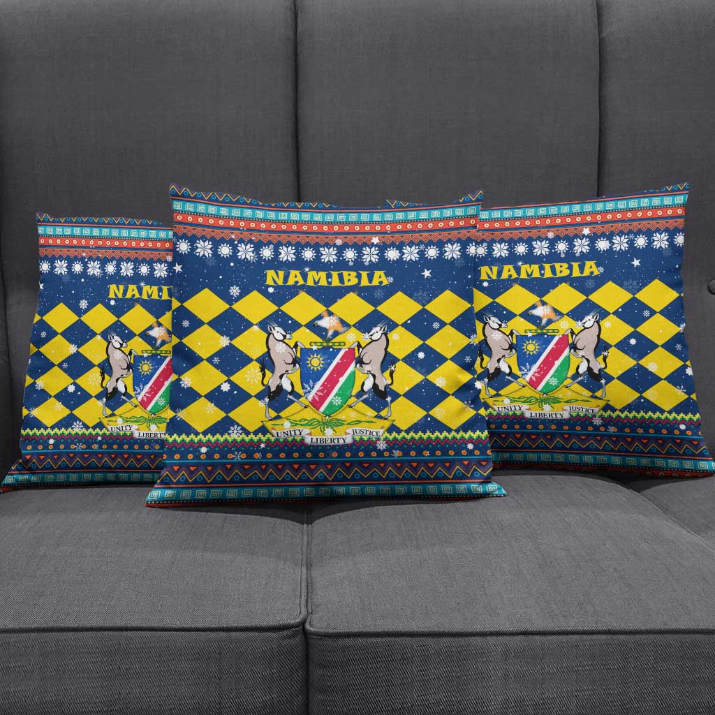 Namibia Christmas Pillow Cover with Blue-Yellow Diamond Pattern, Coat of Arms, and Flag Map Motif - Wonder Print Shop