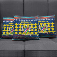 Namibia Christmas Pillow Cover with Blue-Yellow Diamond Pattern, Coat of Arms, and Flag Map Motif - Wonder Print Shop