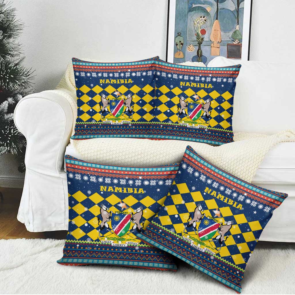 Namibia Christmas Pillow Cover with Blue-Yellow Diamond Pattern, Coat of Arms, and Flag Map Motif - Wonder Print Shop