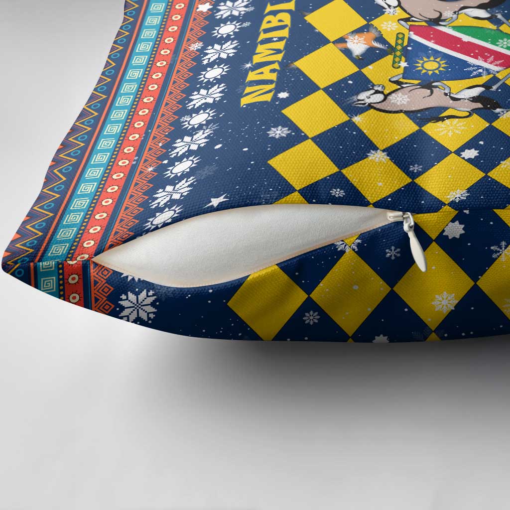Namibia Christmas Pillow Cover with Blue-Yellow Diamond Pattern, Coat of Arms, and Flag Map Motif - Wonder Print Shop