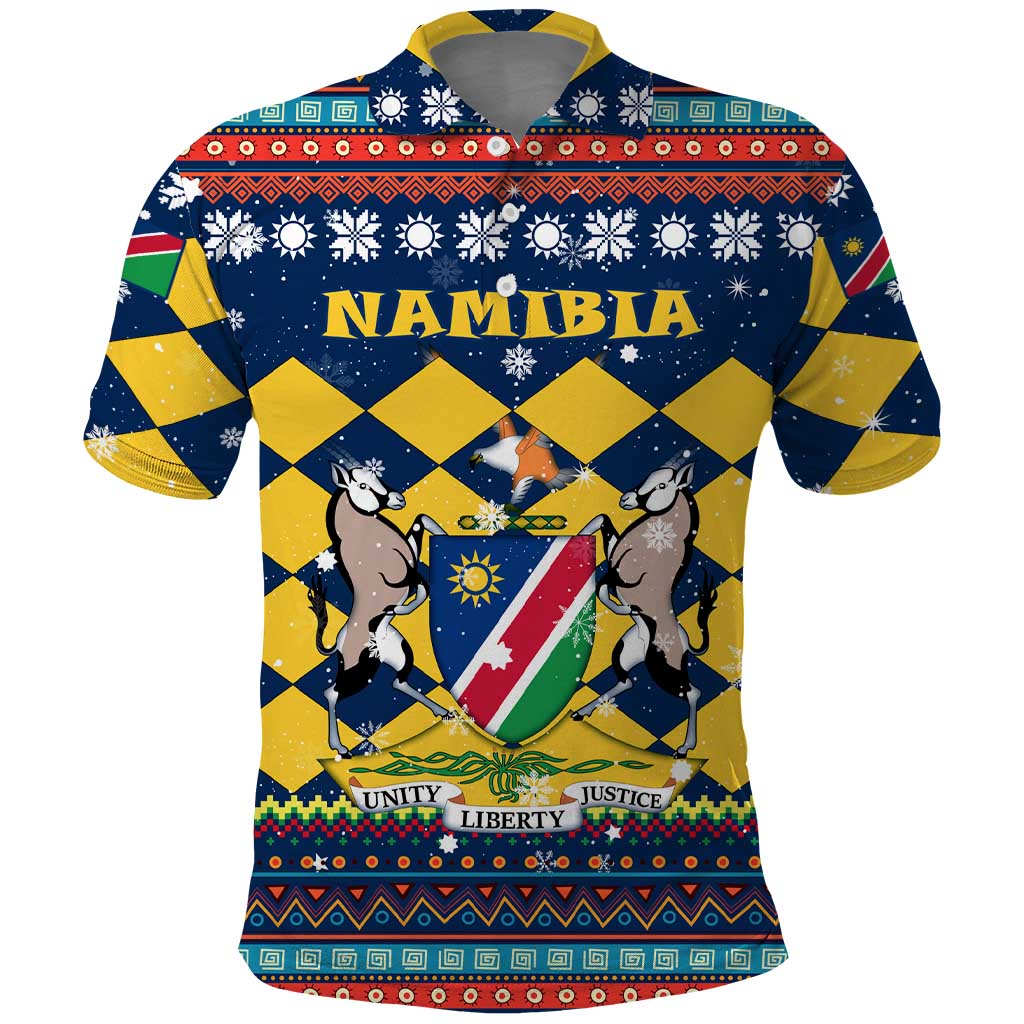 Namibia Christmas Polo Shirt with Blue-Yellow Diamond Pattern, Coat of Arms, and Flag Map Motif - Wonder Print Shop