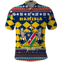 Namibia Christmas Polo Shirt with Blue-Yellow Diamond Pattern, Coat of Arms, and Flag Map Motif - Wonder Print Shop
