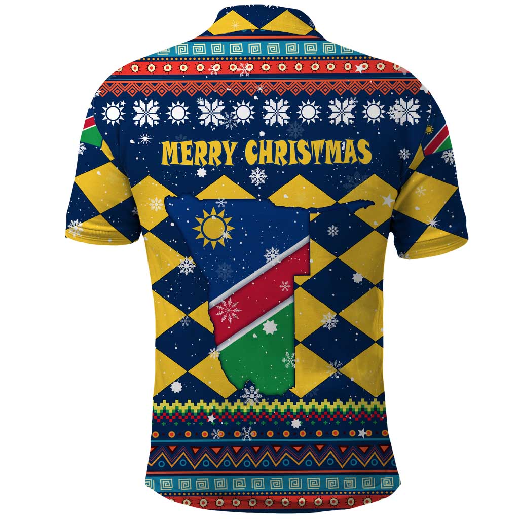 Namibia Christmas Polo Shirt with Blue-Yellow Diamond Pattern, Coat of Arms, and Flag Map Motif - Wonder Print Shop
