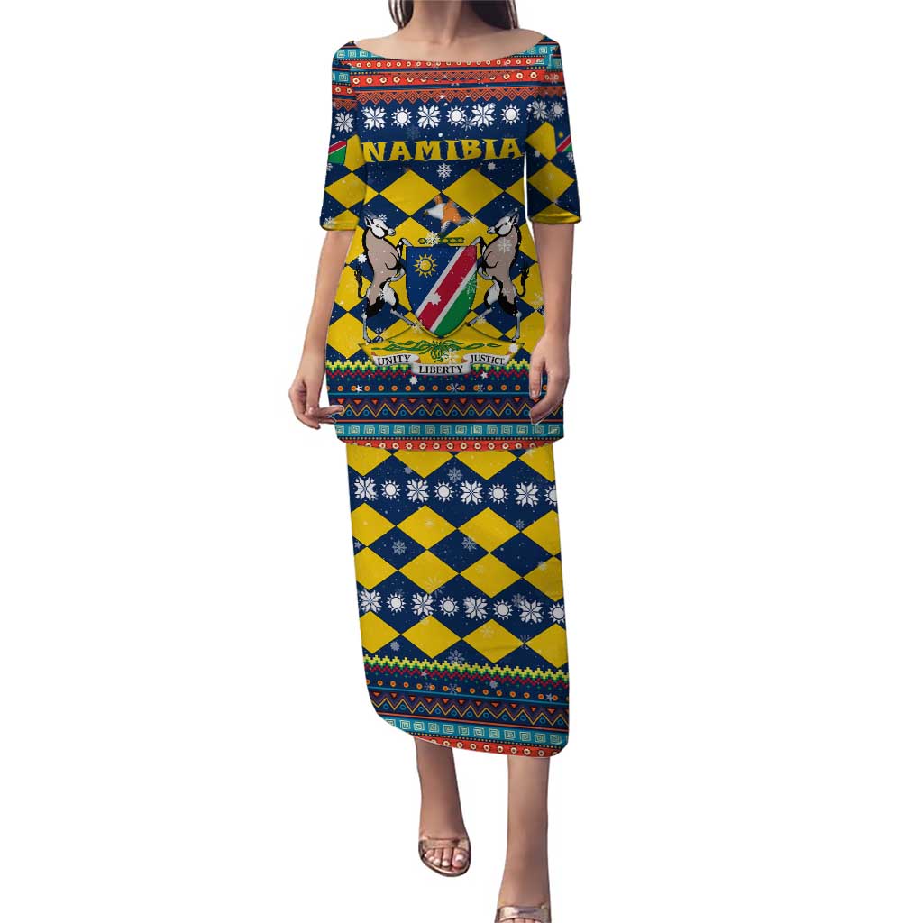 Namibia Christmas Puletasi with Blue-Yellow Diamond Pattern, Coat of Arms, and Flag Map Motif - Wonder Print Shop