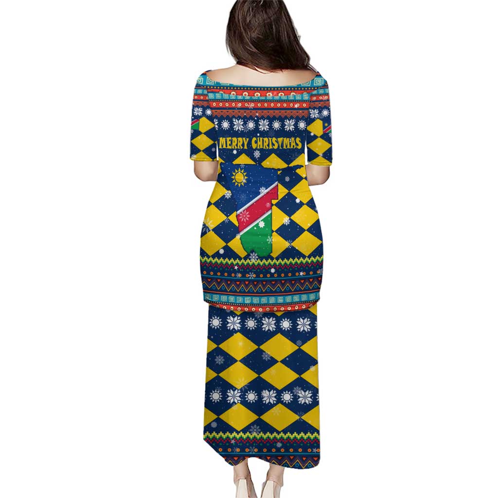Namibia Christmas Puletasi with Blue-Yellow Diamond Pattern, Coat of Arms, and Flag Map Motif - Wonder Print Shop