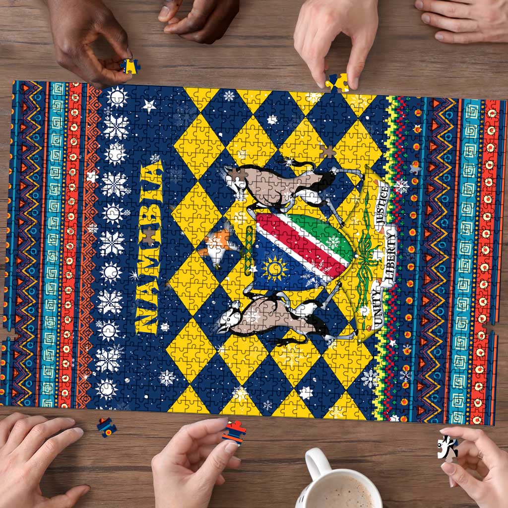 Namibia Christmas Puzzle with Blue-Yellow Diamond Pattern, Coat of Arms, and Flag Map Motif - Wonder Print Shop