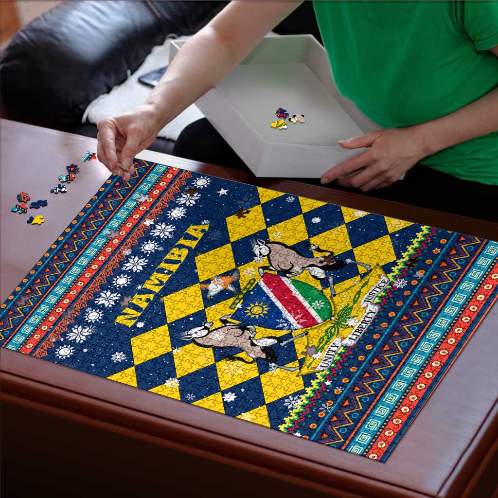 Namibia Christmas Puzzle with Blue-Yellow Diamond Pattern, Coat of Arms, and Flag Map Motif - Wonder Print Shop