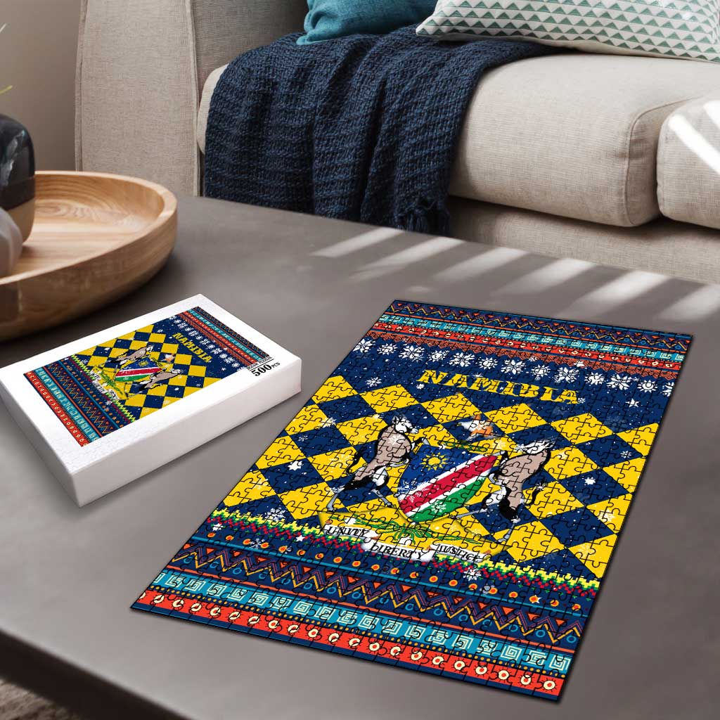 Namibia Christmas Puzzle with Blue-Yellow Diamond Pattern, Coat of Arms, and Flag Map Motif - Wonder Print Shop