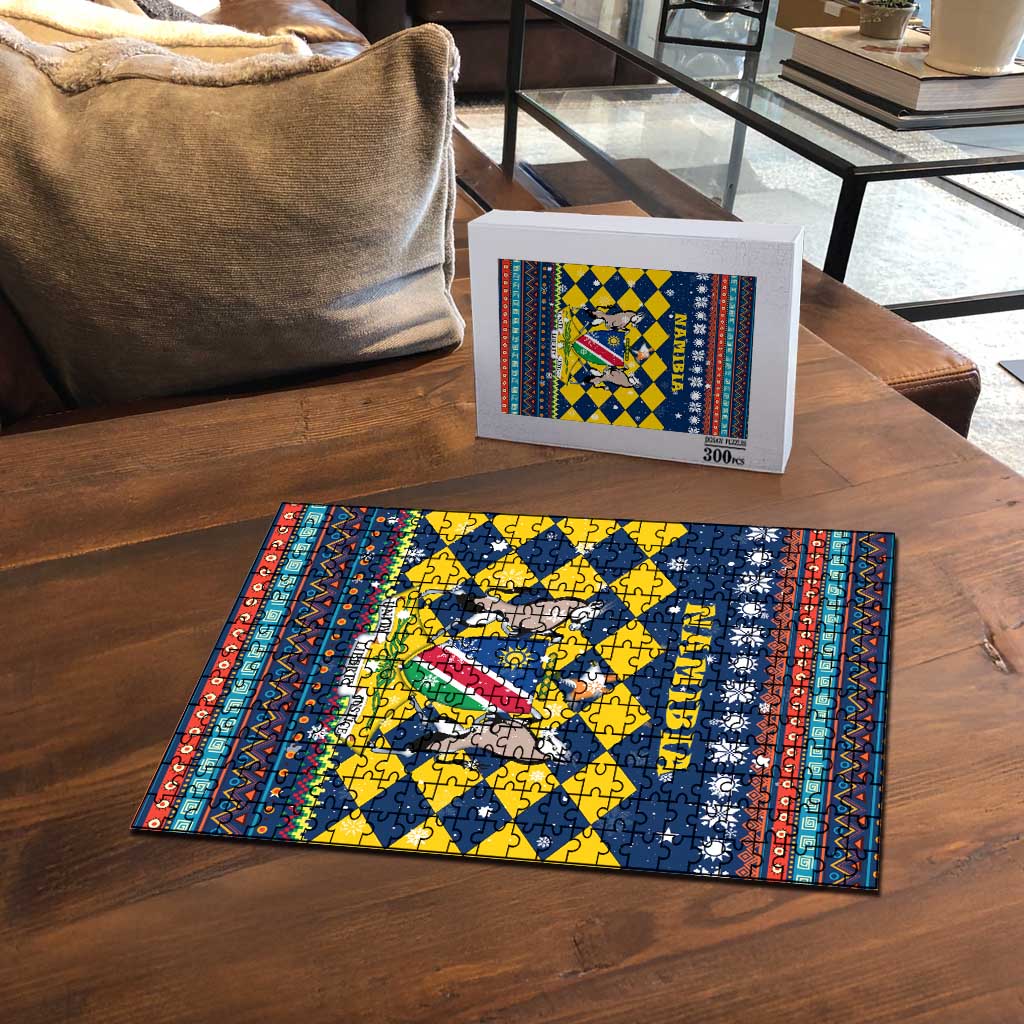 Namibia Christmas Puzzle with Blue-Yellow Diamond Pattern, Coat of Arms, and Flag Map Motif - Wonder Print Shop