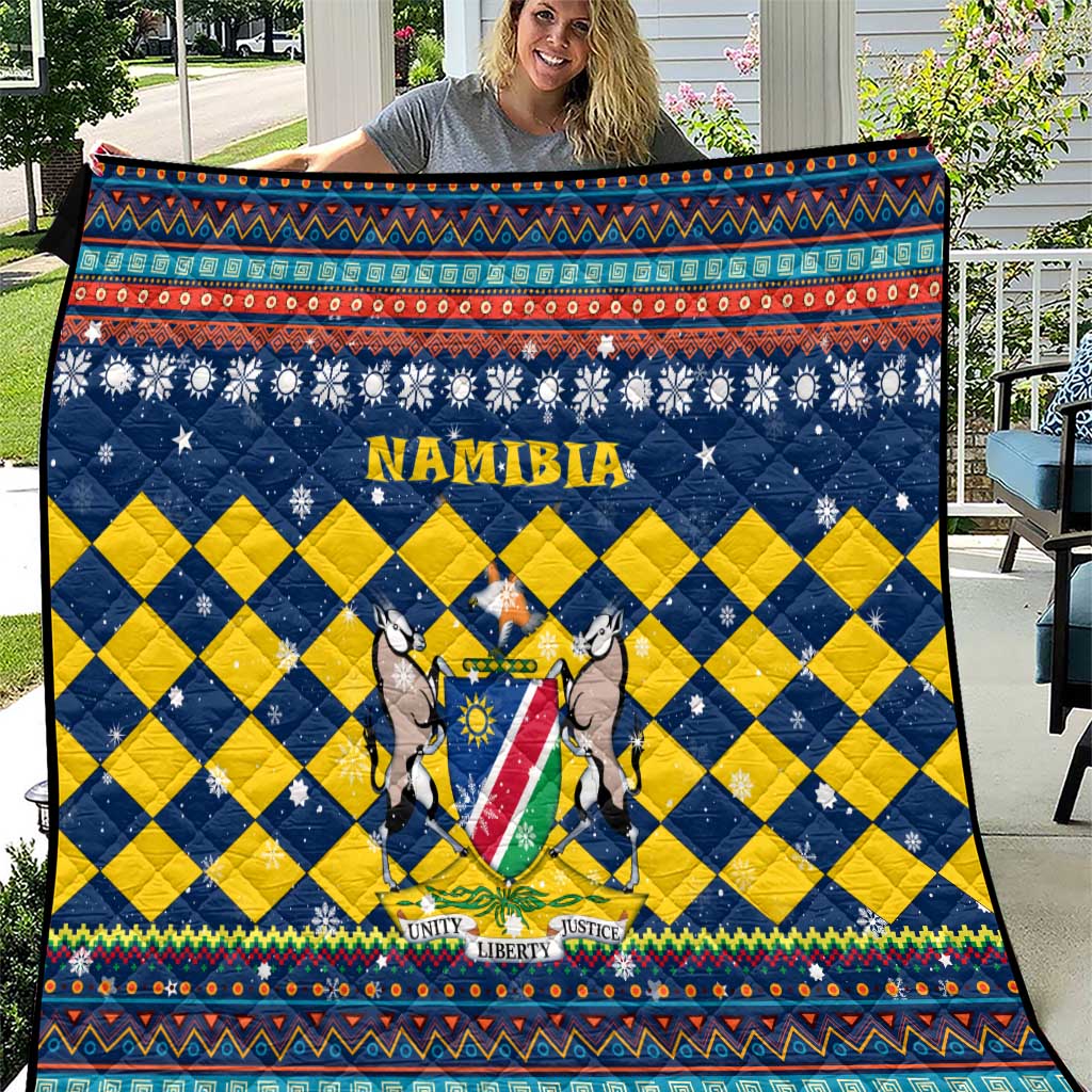 Namibia Christmas Quilt with Blue-Yellow Diamond Pattern, Coat of Arms, and Flag Map Motif - Wonder Print Shop