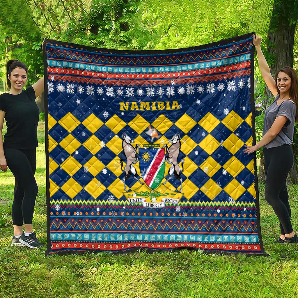 Namibia Christmas Quilt with Blue-Yellow Diamond Pattern, Coat of Arms, and Flag Map Motif - Wonder Print Shop