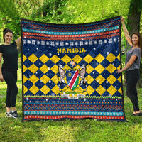 Namibia Christmas Quilt with Blue-Yellow Diamond Pattern, Coat of Arms, and Flag Map Motif - Wonder Print Shop