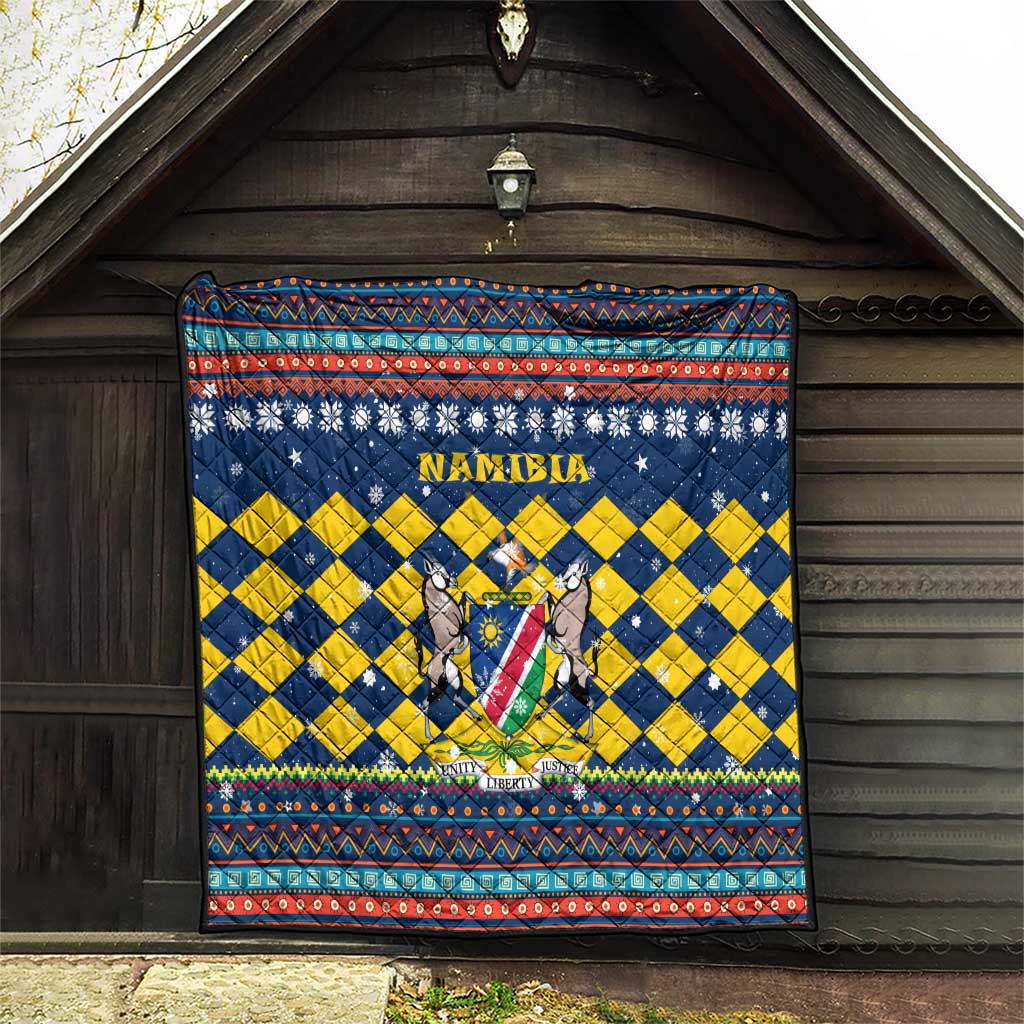 Namibia Christmas Quilt with Blue-Yellow Diamond Pattern, Coat of Arms, and Flag Map Motif - Wonder Print Shop