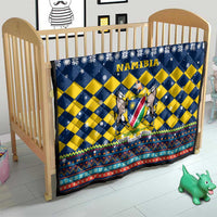 Namibia Christmas Quilt with Blue-Yellow Diamond Pattern, Coat of Arms, and Flag Map Motif - Wonder Print Shop