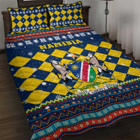 Namibia Christmas Quilt Bed Set with Blue-Yellow Diamond Pattern, Coat of Arms, and Flag Map Motif - Wonder Print Shop