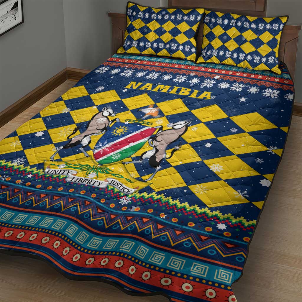 Namibia Christmas Quilt Bed Set with Blue-Yellow Diamond Pattern, Coat of Arms, and Flag Map Motif - Wonder Print Shop