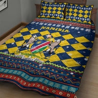 Namibia Christmas Quilt Bed Set with Blue-Yellow Diamond Pattern, Coat of Arms, and Flag Map Motif - Wonder Print Shop