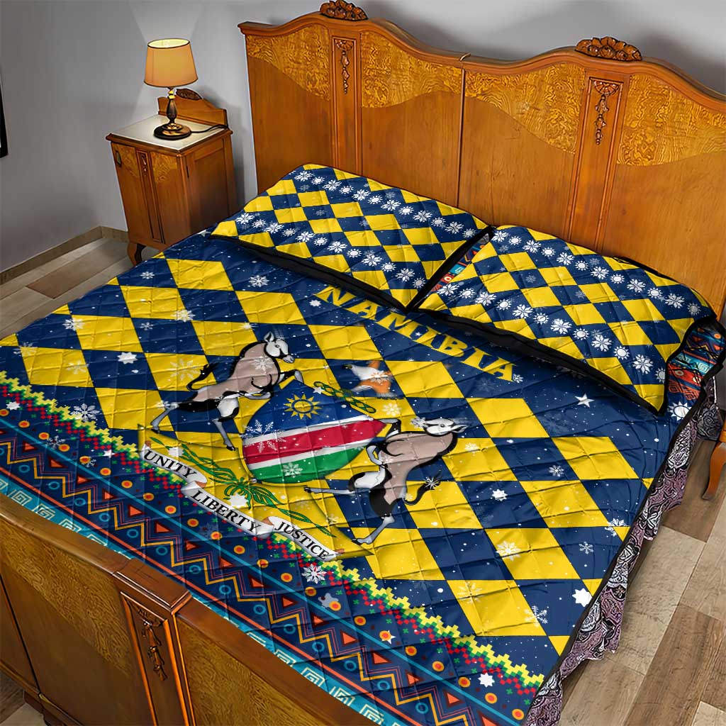 Namibia Christmas Quilt Bed Set with Blue-Yellow Diamond Pattern, Coat of Arms, and Flag Map Motif - Wonder Print Shop
