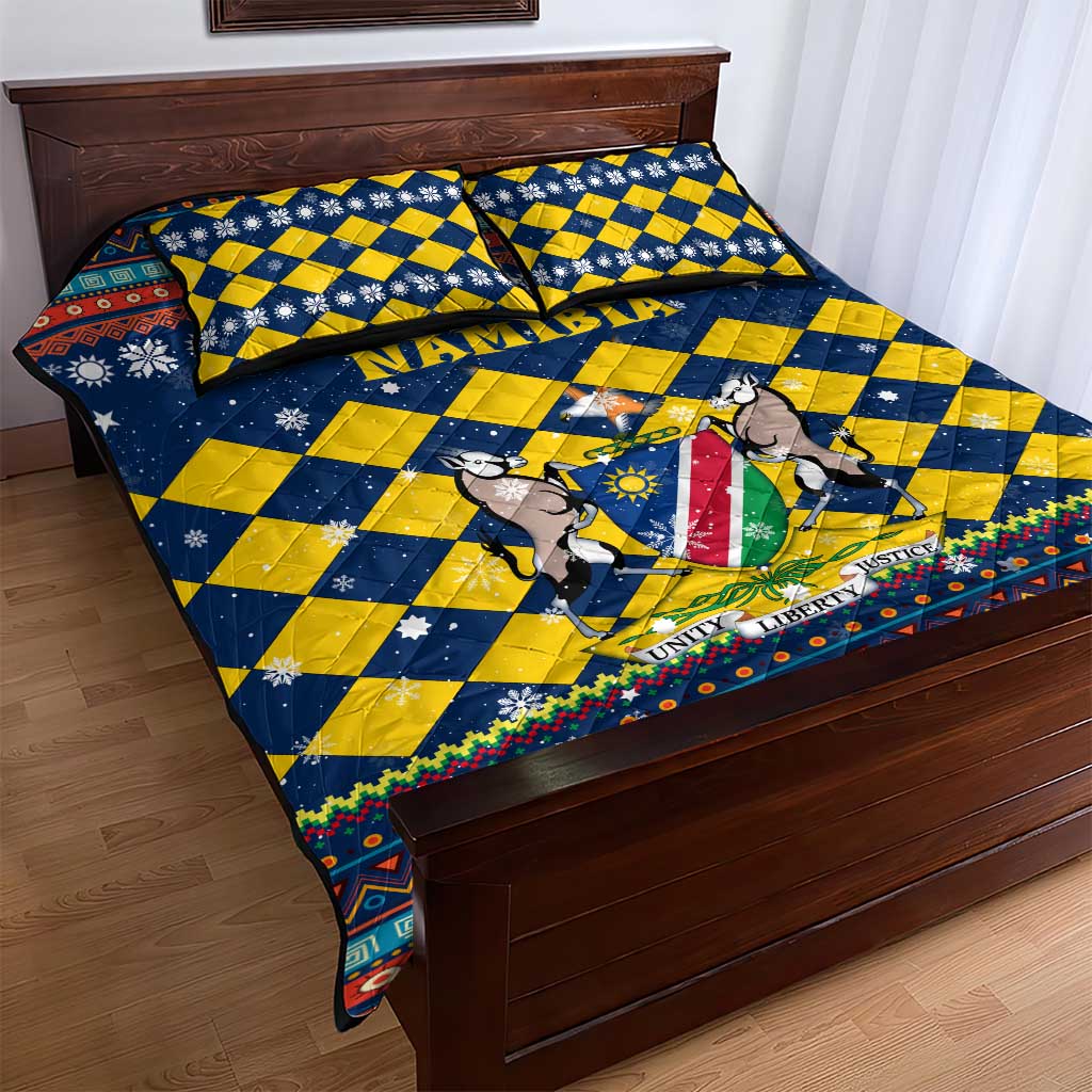 Namibia Christmas Quilt Bed Set with Blue-Yellow Diamond Pattern, Coat of Arms, and Flag Map Motif - Wonder Print Shop