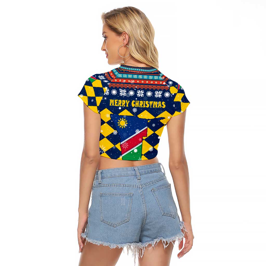 Namibia Christmas Raglan Cropped T Shirt with Blue-Yellow Diamond Pattern, Coat of Arms, and Flag Map Motif - Wonder Print Shop