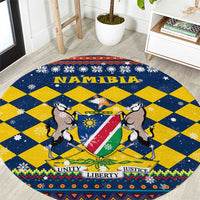 Namibia Christmas Round Carpet with Blue-Yellow Diamond Pattern, Coat of Arms, and Flag Map Motif - Wonder Print Shop