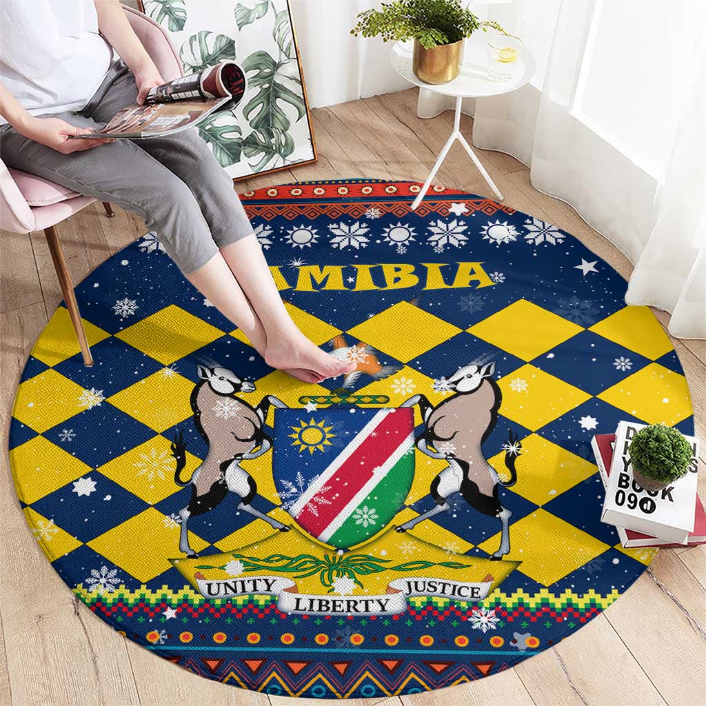 Namibia Christmas Round Carpet with Blue-Yellow Diamond Pattern, Coat of Arms, and Flag Map Motif - Wonder Print Shop
