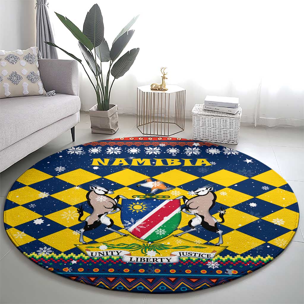 Namibia Christmas Round Carpet with Blue-Yellow Diamond Pattern, Coat of Arms, and Flag Map Motif - Wonder Print Shop