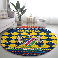Namibia Christmas Round Carpet with Blue-Yellow Diamond Pattern, Coat of Arms, and Flag Map Motif - Wonder Print Shop