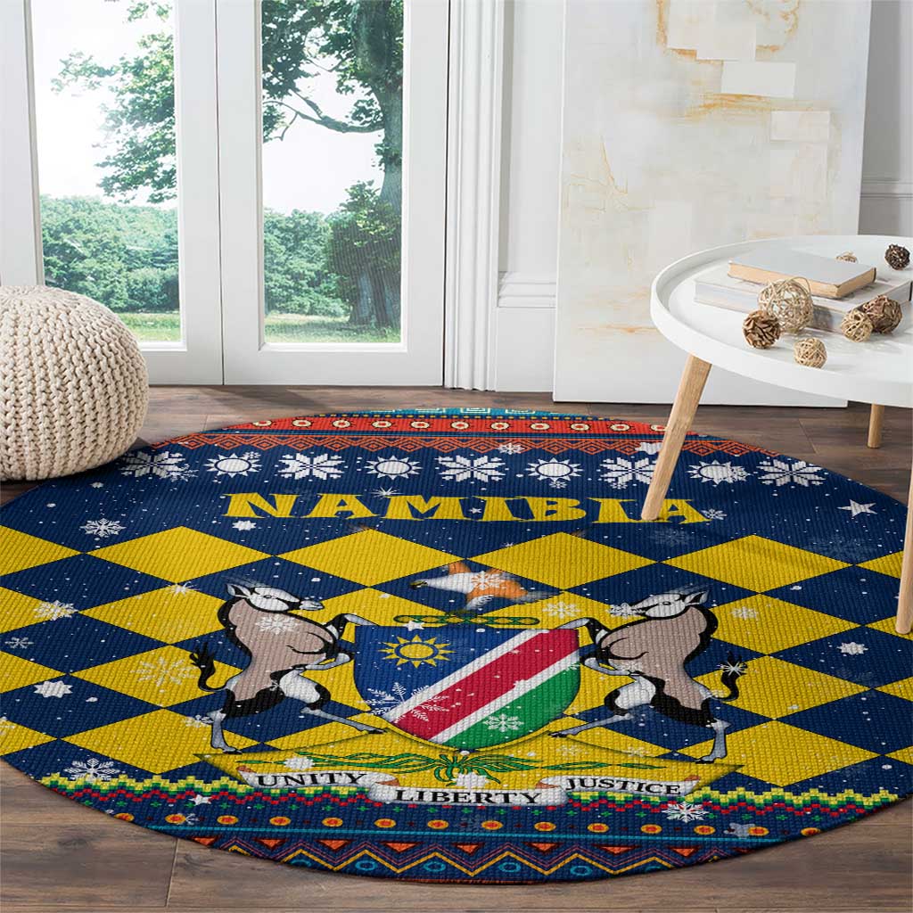 Namibia Christmas Round Carpet with Blue-Yellow Diamond Pattern, Coat of Arms, and Flag Map Motif - Wonder Print Shop