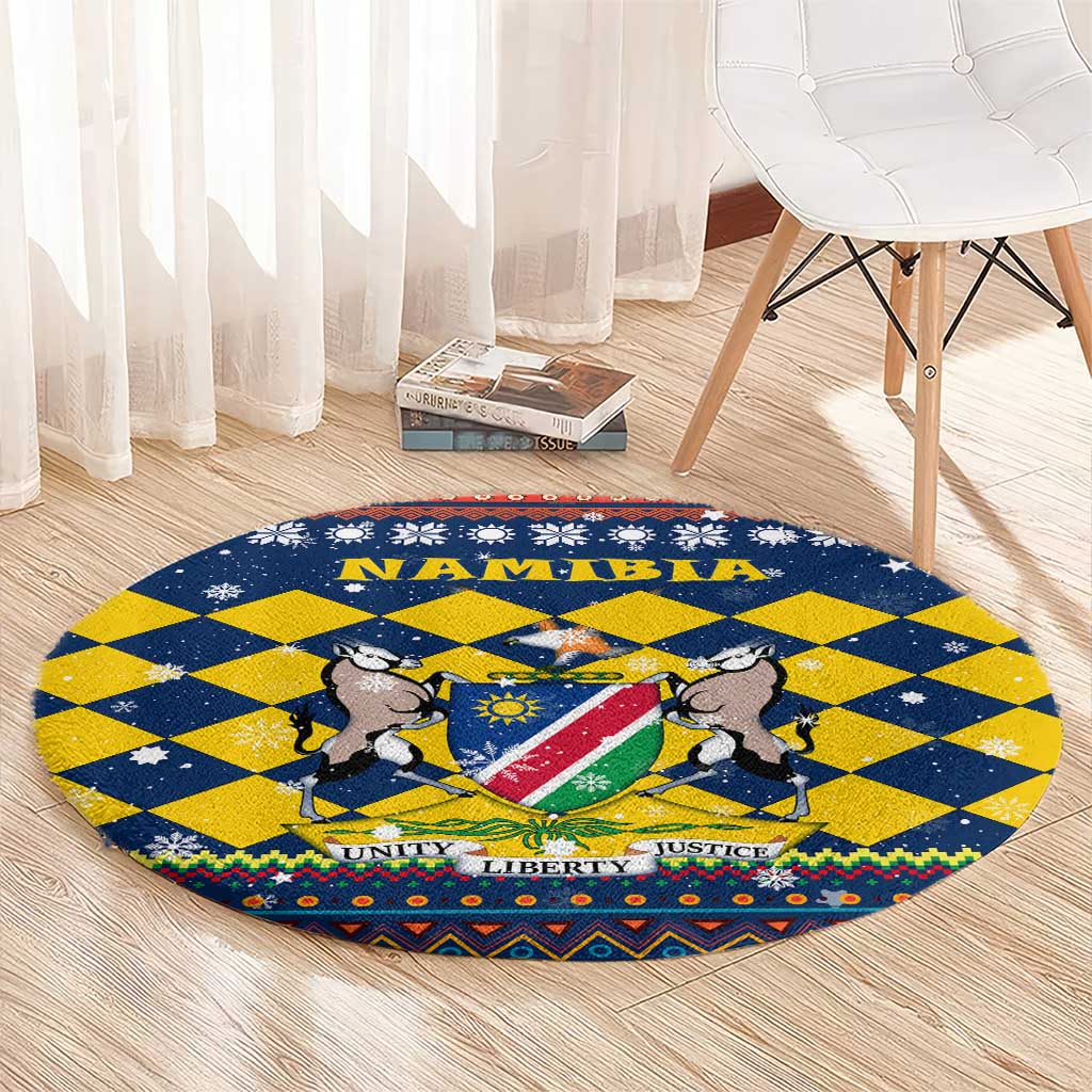 Namibia Christmas Round Carpet with Blue-Yellow Diamond Pattern, Coat of Arms, and Flag Map Motif - Wonder Print Shop