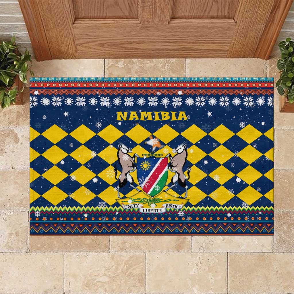 Namibia Christmas Rubber Doormat with Blue-Yellow Diamond Pattern, Coat of Arms, and Flag Map Motif - Wonder Print Shop