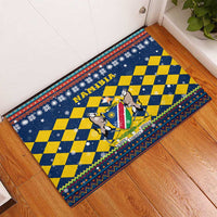 Namibia Christmas Rubber Doormat with Blue-Yellow Diamond Pattern, Coat of Arms, and Flag Map Motif - Wonder Print Shop