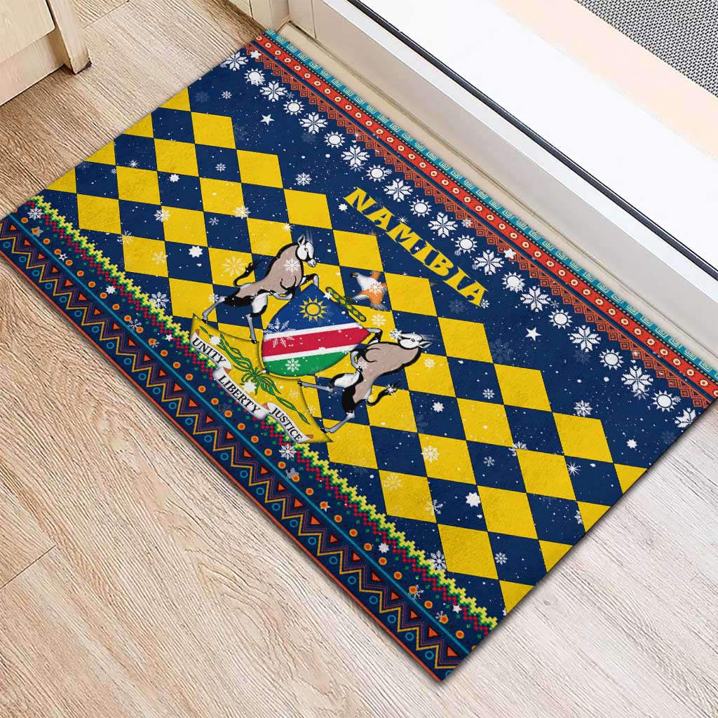Namibia Christmas Rubber Doormat with Blue-Yellow Diamond Pattern, Coat of Arms, and Flag Map Motif - Wonder Print Shop