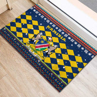 Namibia Christmas Rubber Doormat with Blue-Yellow Diamond Pattern, Coat of Arms, and Flag Map Motif - Wonder Print Shop