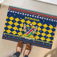 Namibia Christmas Rubber Doormat with Blue-Yellow Diamond Pattern, Coat of Arms, and Flag Map Motif - Wonder Print Shop