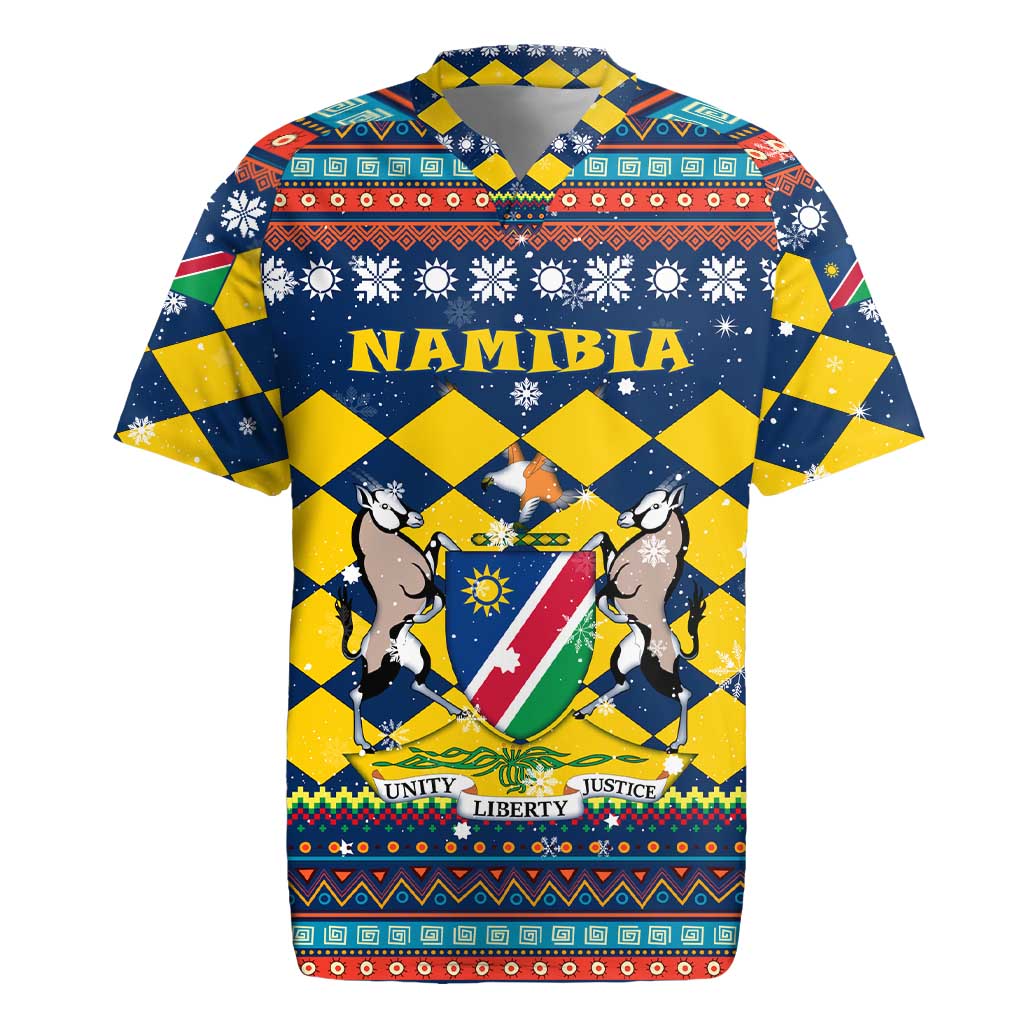 Namibia Christmas Rugby Jersey with Blue-Yellow Diamond Pattern, Coat of Arms, and Flag Map Motif - Wonder Print Shop