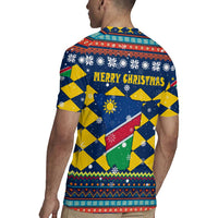 Namibia Christmas Rugby Jersey with Blue-Yellow Diamond Pattern, Coat of Arms, and Flag Map Motif - Wonder Print Shop